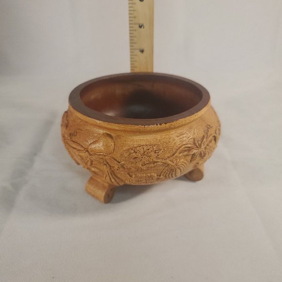 Vintage FTDA Made in USA Wood Resin Footed Bowl Pot Gourd Vine Leaf Design Fall - Picture 12 of 13